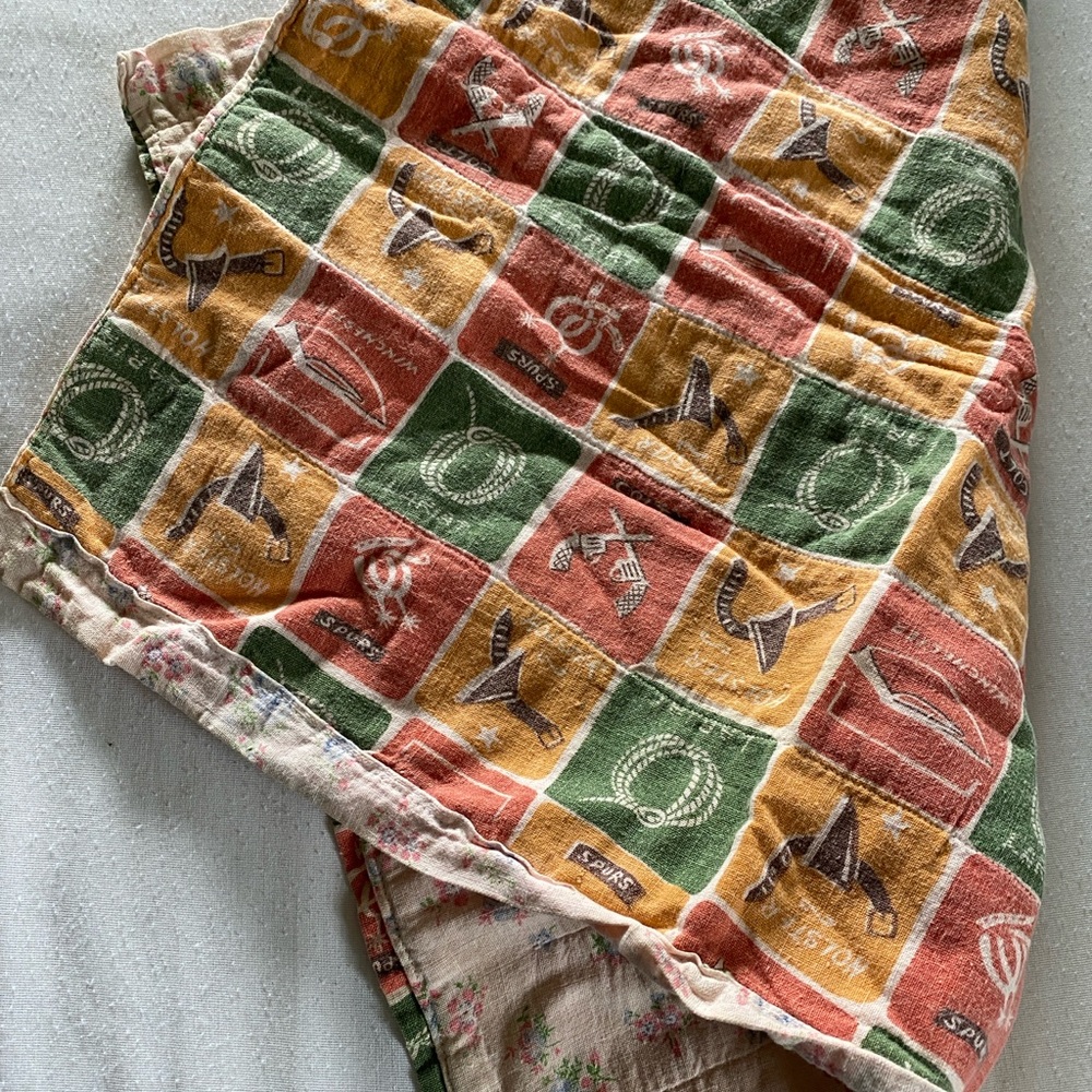 Vintage Baby Blanket Cowboy Western Print reverses to floral print doll or baby